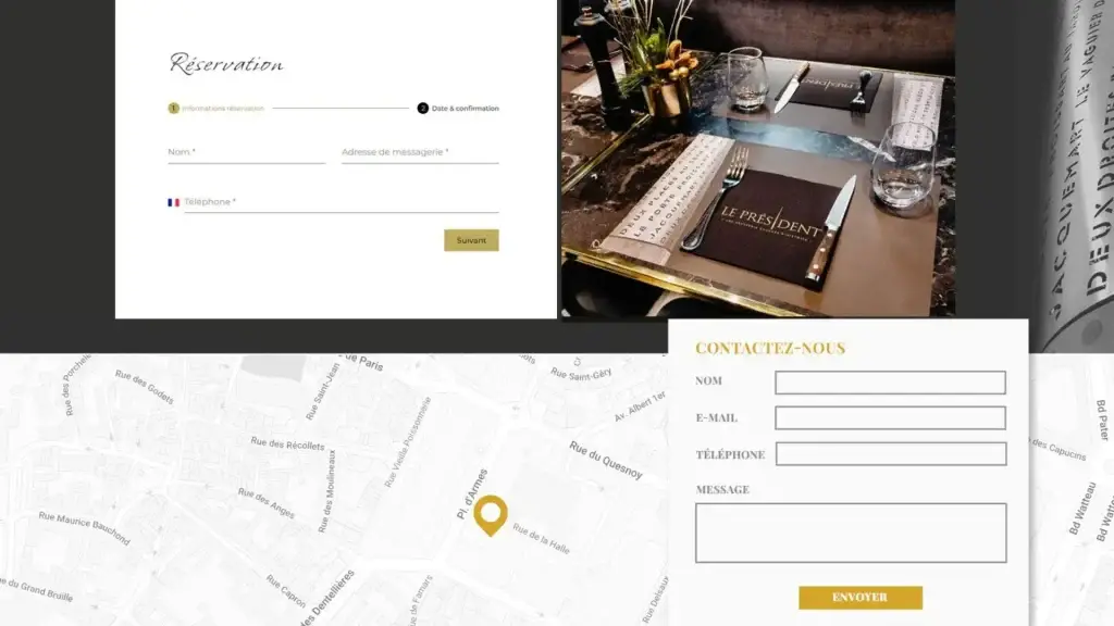 Formulaire de réservation, plan d'accès et formulaire de contact du site internet sur-mesure de Le Président