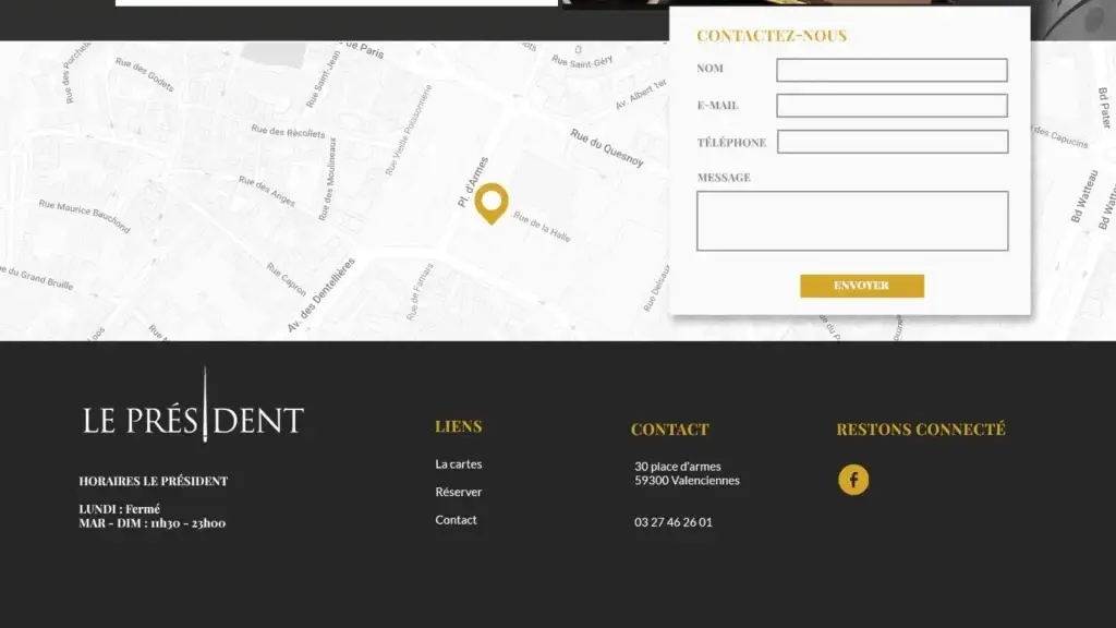Pied de page du site Le Président avec horaires, liens, adresse place d'Armes à Valenciennes et lien Facebook
