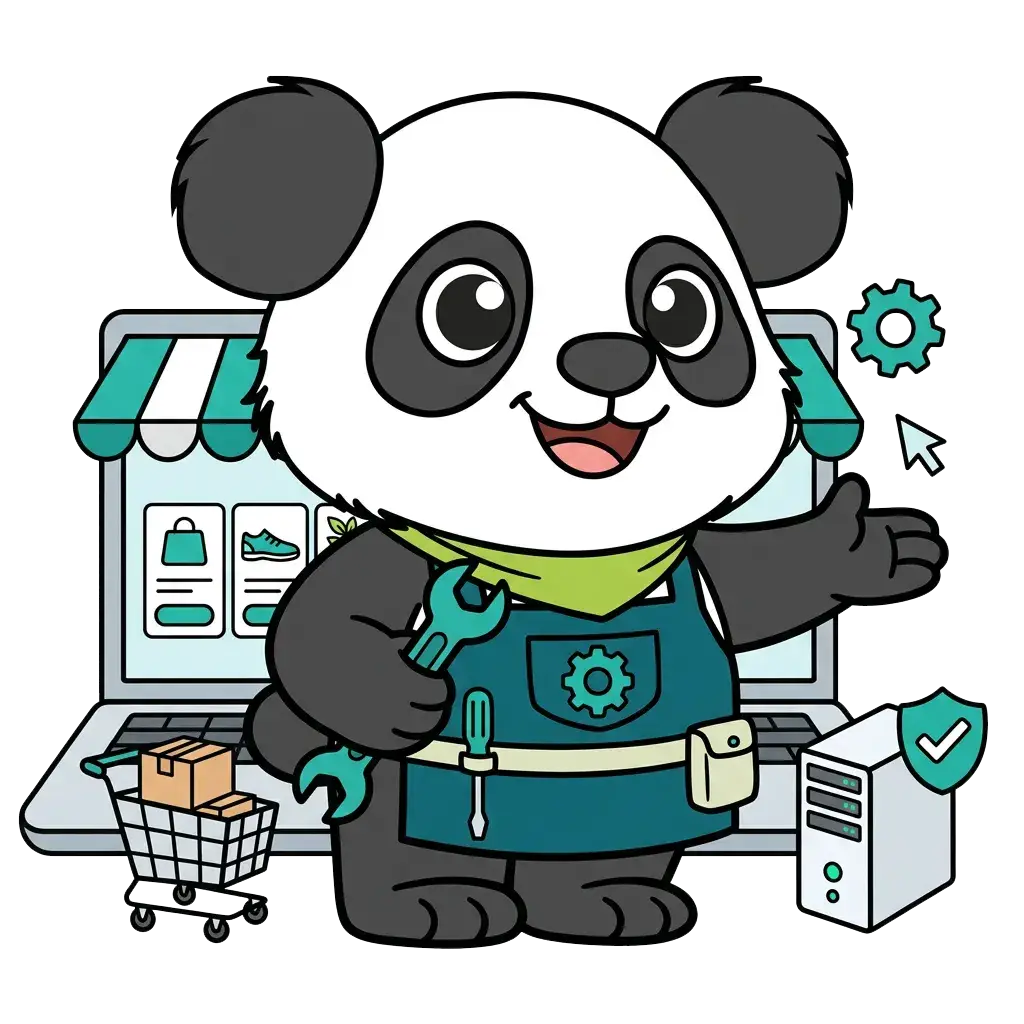 Panda développeur accueillant devant un ordinateur transformé en boutique en ligne, création de site vitrine et e-commerce