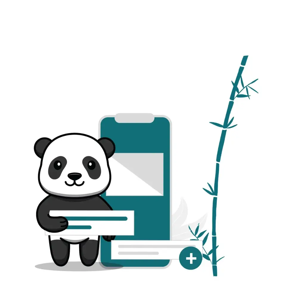 Panda tenant un formulaire devant un smartphone et un bambou, génération Z de digital natives