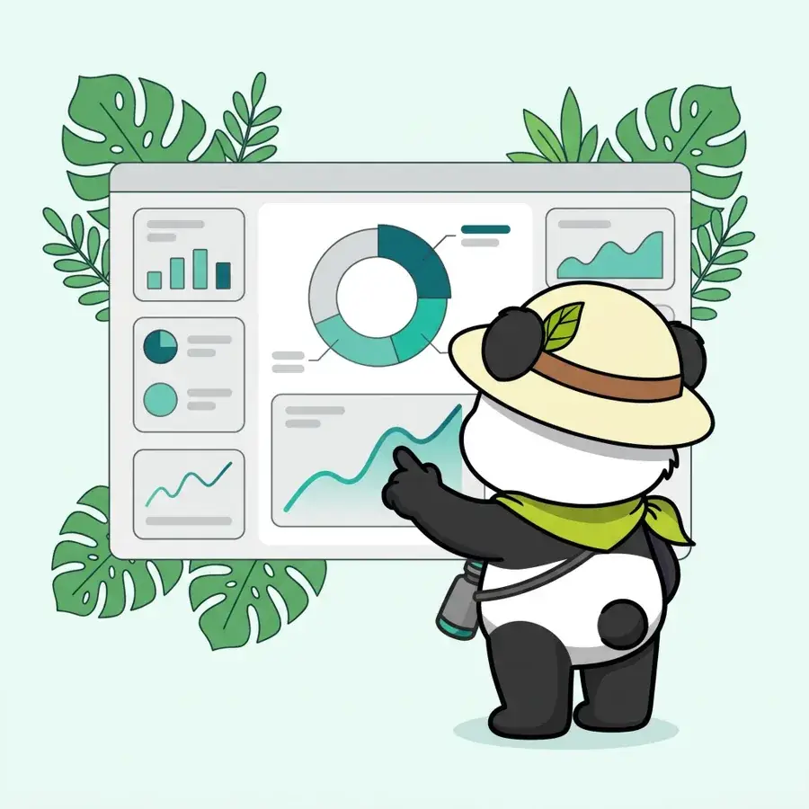 Panda explorateur de dos pointant une courbe sur un écran, analyse des données grâce à un dashboard SEO