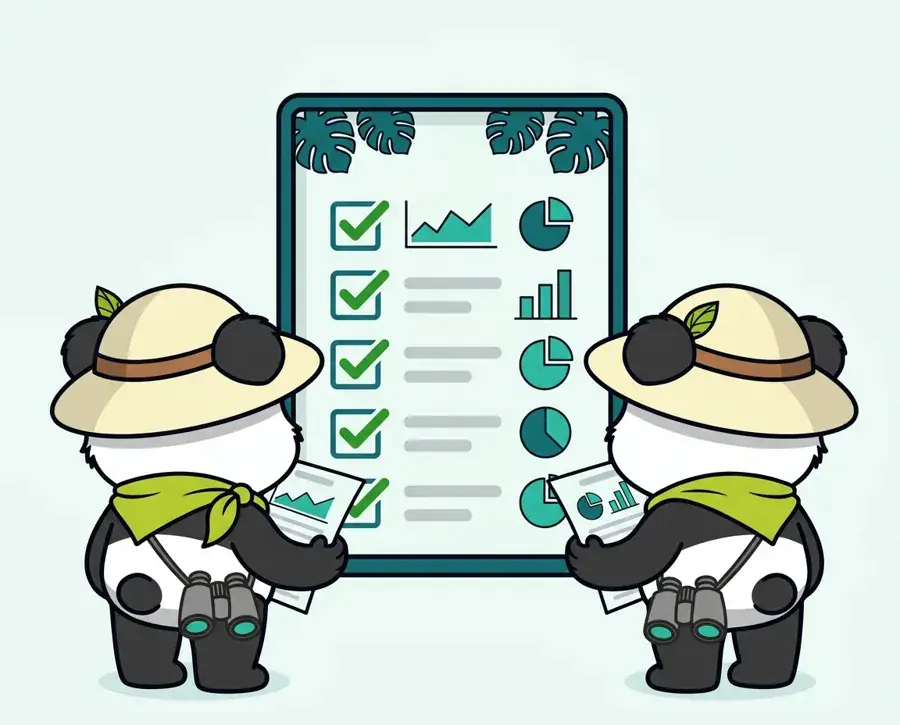 Deux pandas explorateurs de dos avec documents devant une checklist, importance de la data dans le SEO et le SEA