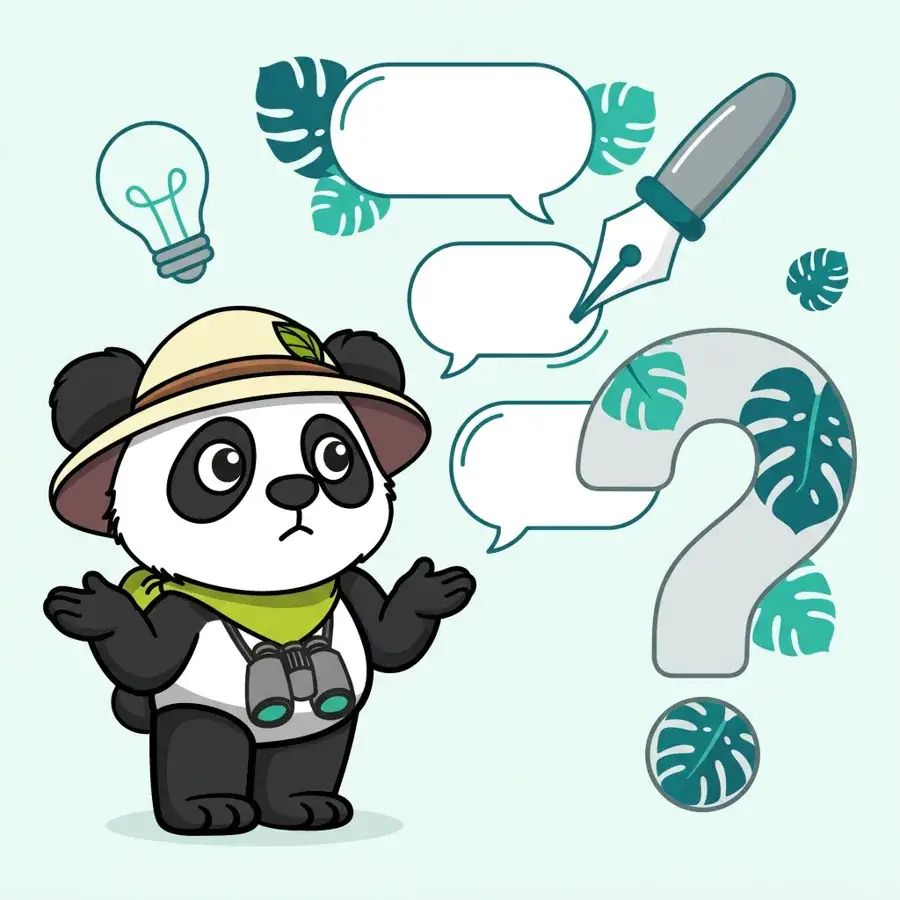 Panda explorateur en cravate haussant les épaules à côté d'un grand point d'interrogation, définition du copywriting