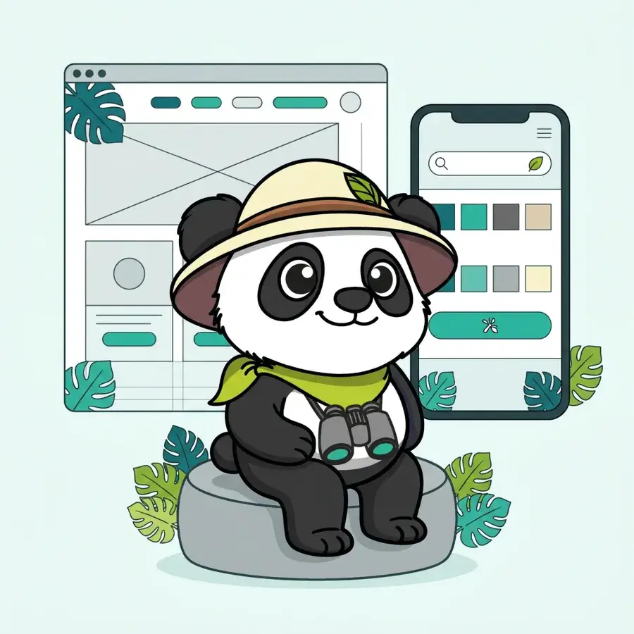 Panda explorateur en bonnet sur un pouf devant un wireframe UX et UI, définition de l'expérience utilisateur