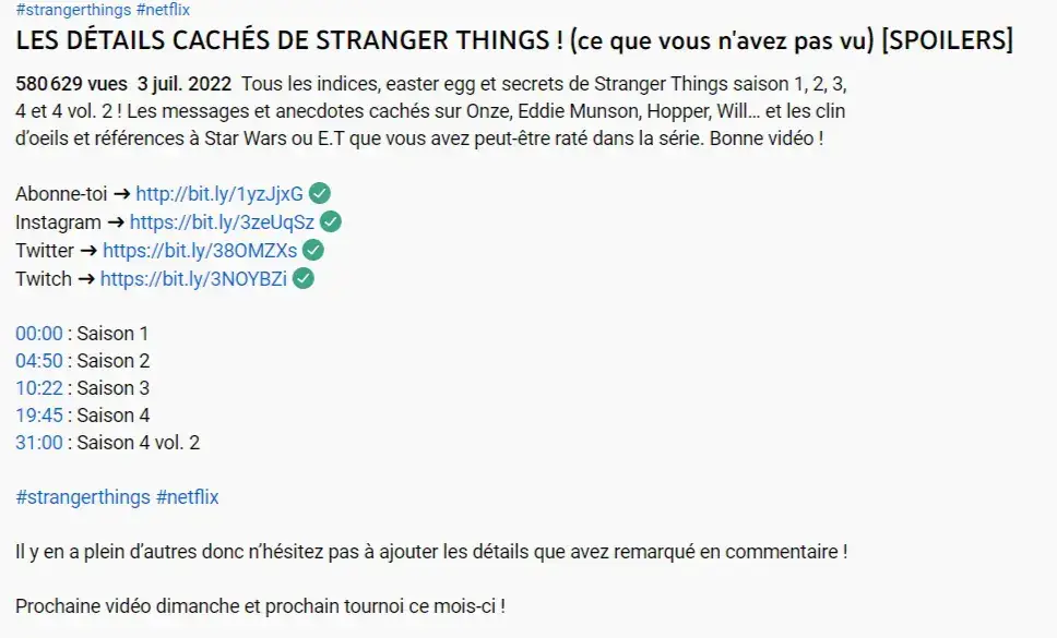 Description YouTube de Sofyan avec résumé, liens réseaux sociaux, chapitres horodatés et hashtags stranger things
