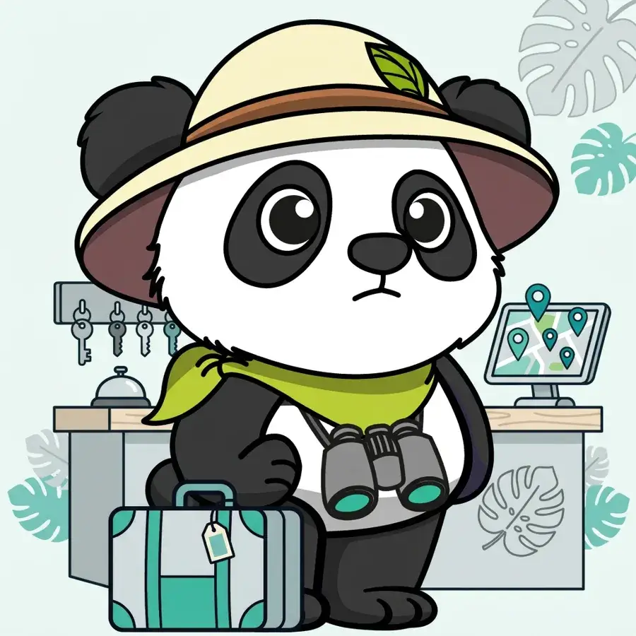 Panda explorateur pensif derrière un comptoir d'accueil d'hôtel, enjeux du référencement naturel pour le tourisme
