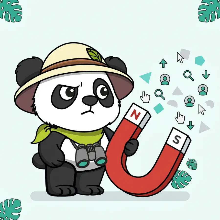 Panda explorateur perplexe à côté d'un aimant, enjeux du tracking en SEO et SEA