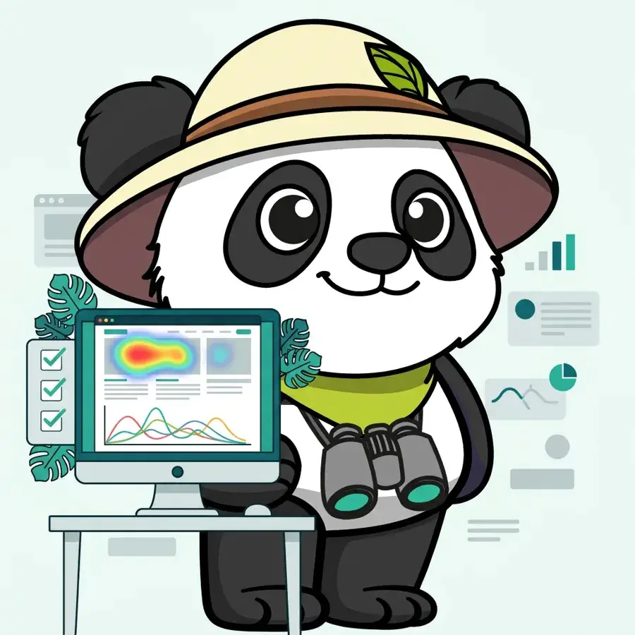 Panda explorateur sur ordinateur devant des courbes d'analyse, les étapes d'un bon audit UX