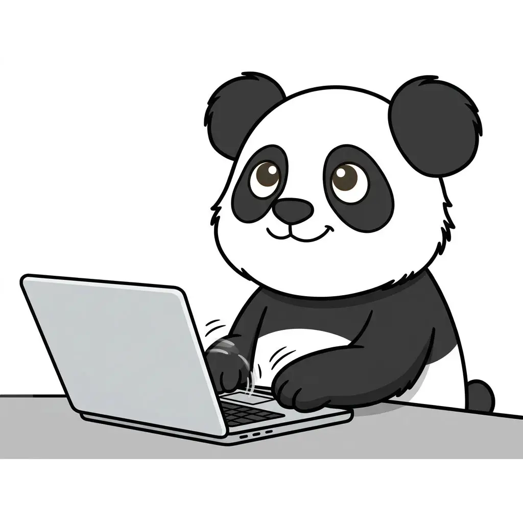 Panda souriant tapant sur le clavier d'un ordinateur portable, pour les étapes de création d'un site internet