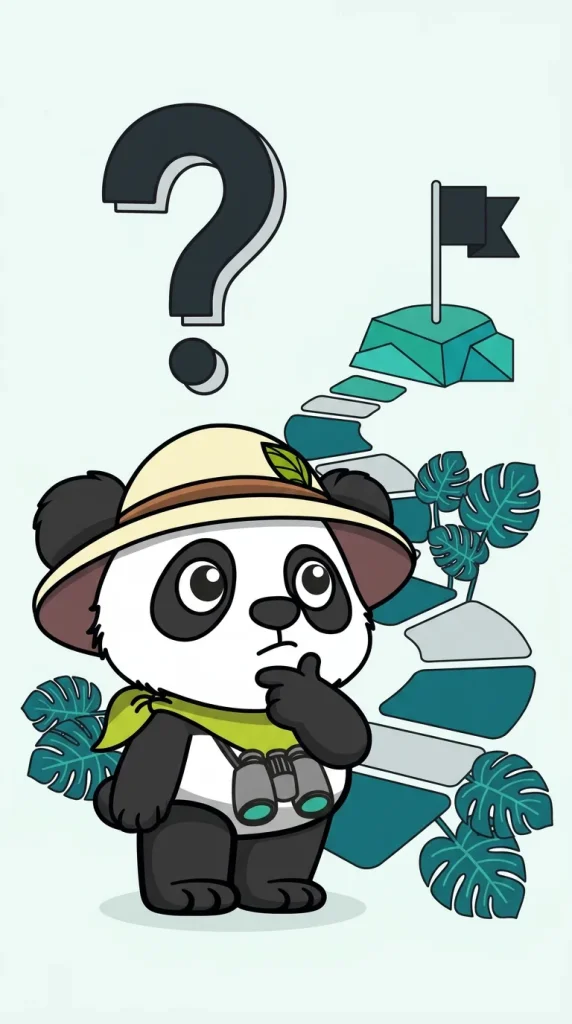 Panda explorateur à lunettes et foulard pensif sous un point d'interrogation, étapes de la stratégie digitale