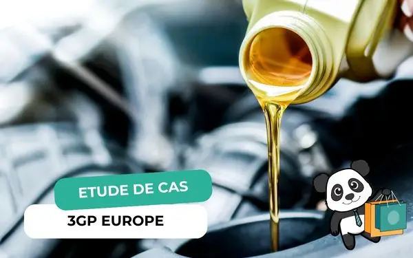 Huile versée dans un moteur et panda avec sac de courses, bannière étude de cas SEO e-commerce 3GP Europe