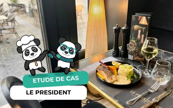 Deux pandas dansant près d'une table dressée de la brasserie Le Président à Valenciennes, bannière étude de cas
