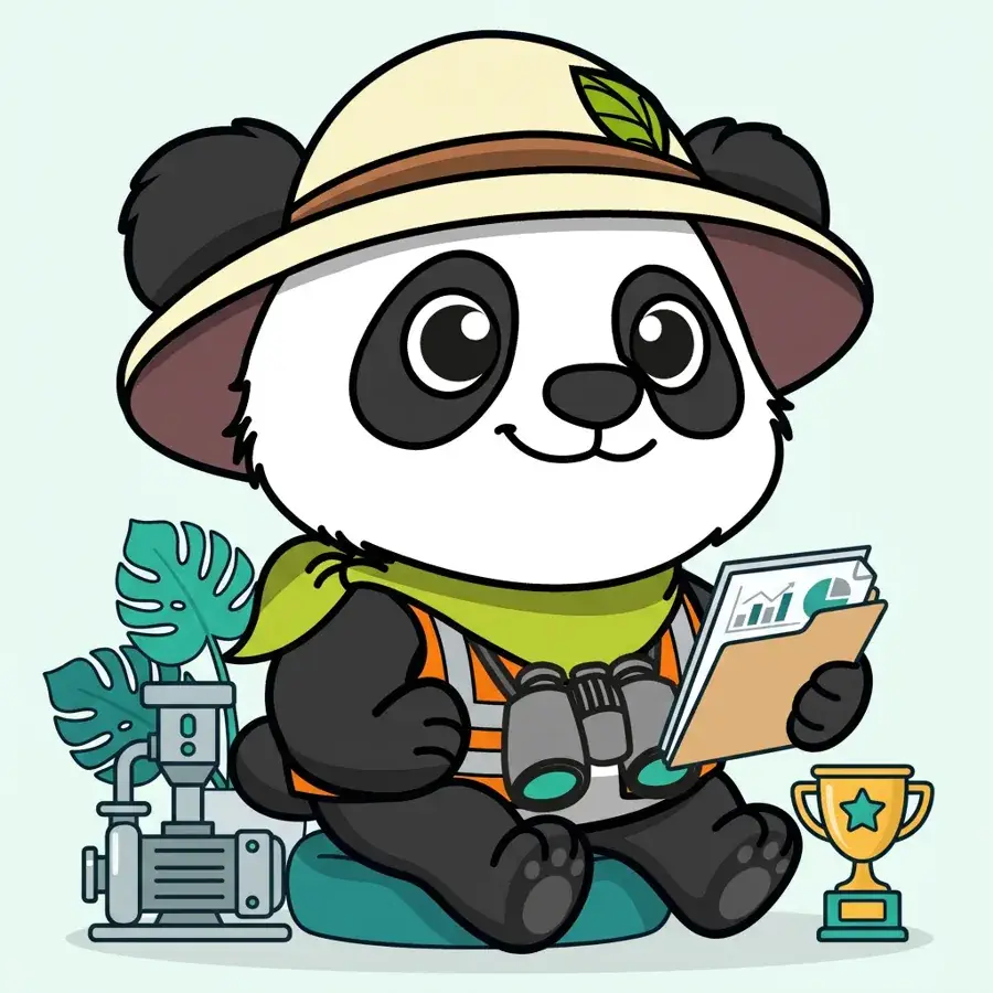 Panda explorateur en casque de chantier sur pouf analysant des statistiques, études de cas SEO industriel
