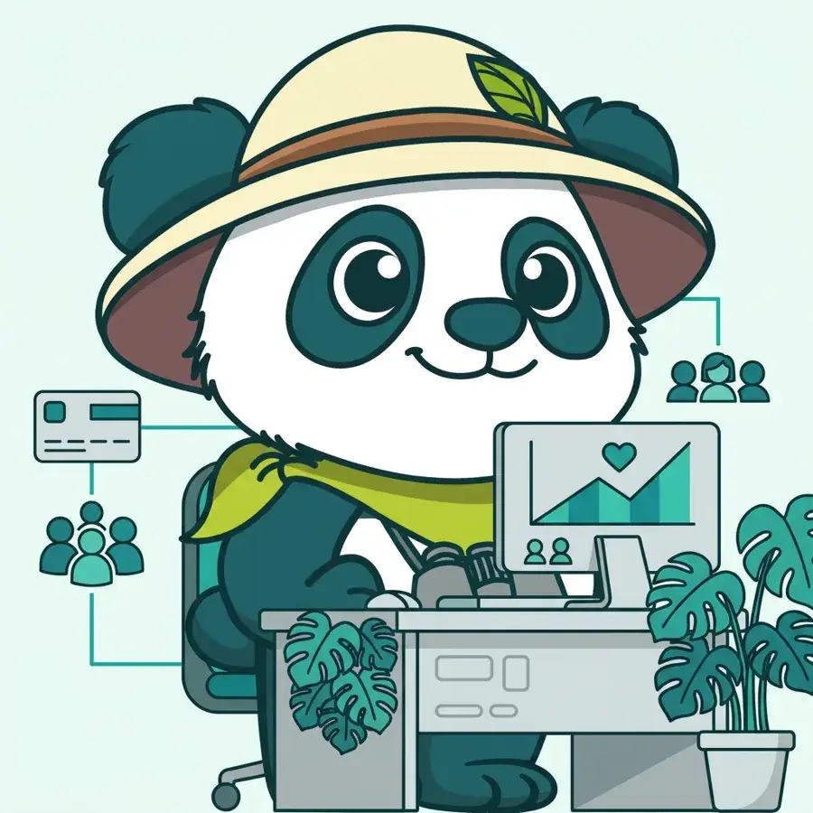 Panda explorateur à son bureau devant un graphique en hausse, fidéliser ses clients BtoB