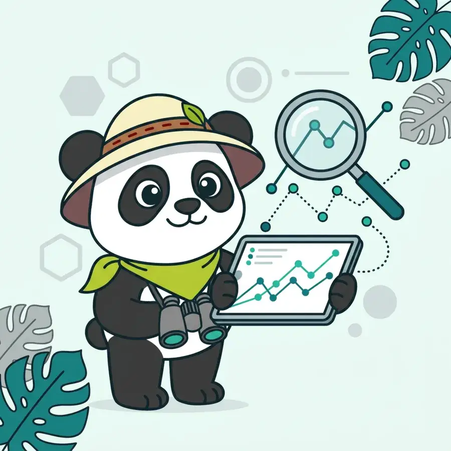 Panda explorateur sur tablette devant des courbes et une loupe, fonctionnement du tracking SEO et SEA