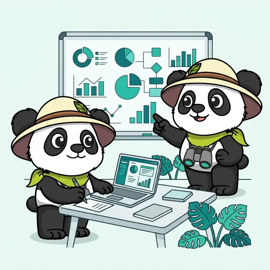 Pandas explorateurs en séance de formation au marketing digital devant un tableau Training avec graphiques, Pandas en séance de formation au marketing digital d