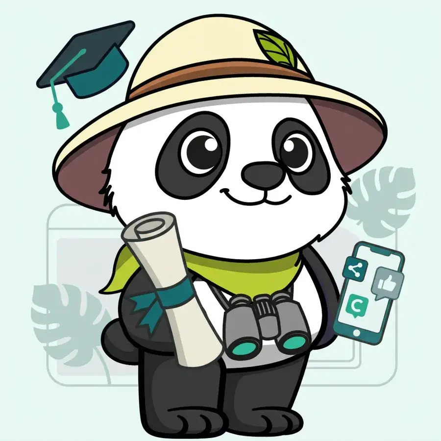 Panda explorateur diplômé avec toque et parchemin, formation social média par Panda Communication