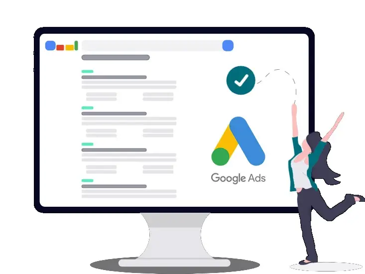 Femme sautant de joie devant un écran de résultats Google validé par le logo Google Ads