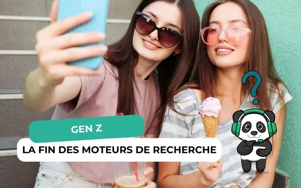 Deux jeunes femmes en selfie et panda au casque perplexe, bannière Gen Z la fin des moteurs de recherche