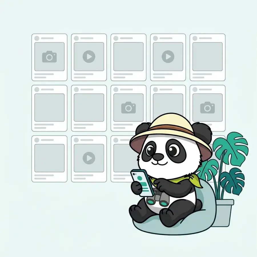 Panda explorateur sur pouf planifiant des publications Instagram et LinkedIn, gestion des réseaux sociaux
