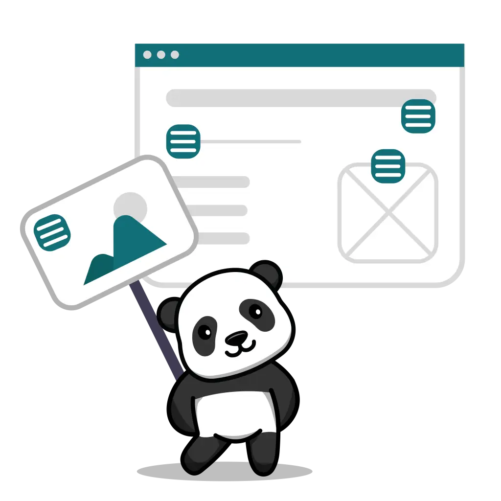 Panda brandissant une pancarte photo devant une page web, pour inciter les clients à publier du contenu UGC