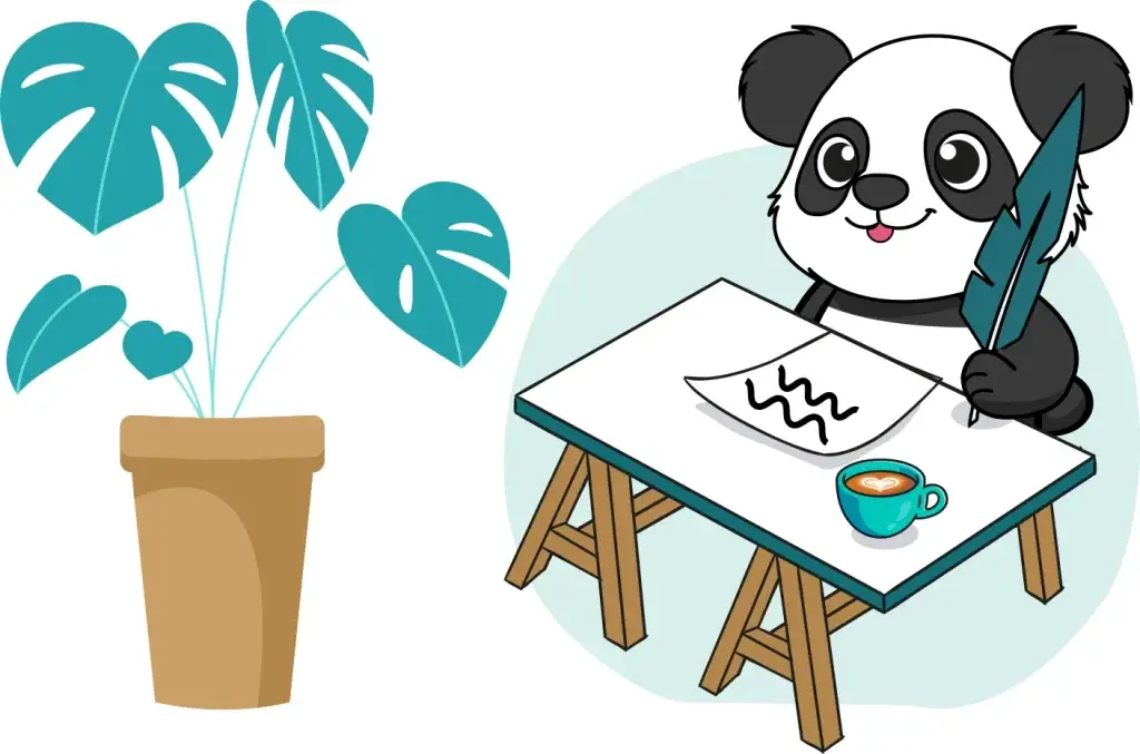 Panda rédigeant à la plume à son bureau avec un café, pour produire des contenus experts et structurés