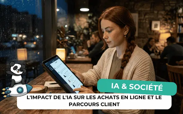 Femme consultant une tablette dans un café, bannière impact de l'IA sur les achats en ligne et le parcours client