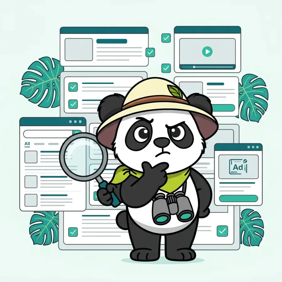 Panda explorateur pensif à lunettes devant une checklist et une loupe, importance d'un contenu SEO et SEA