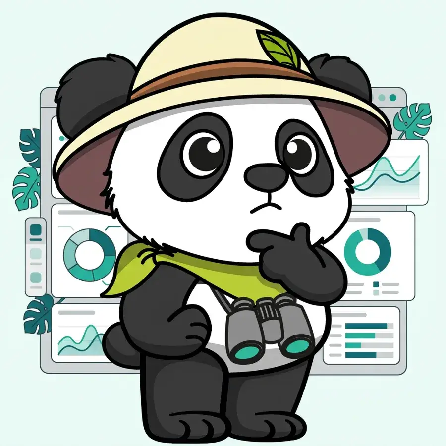 Panda explorateur pensif devant un tableau de bord avec courbes et donut, importance du dashboarding en SEO et SEA