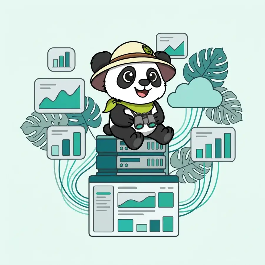 Panda explorateur assis sur un serveur entouré de graphiques et d'un cloud, intégration de la data dans le dashboard