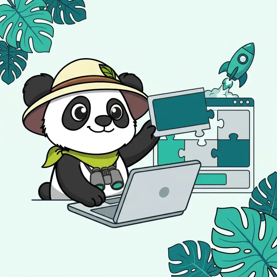 Panda explorateur à lunettes sur ordinateur à côté d'une page web en cours d'intégration, mise en ligne du site