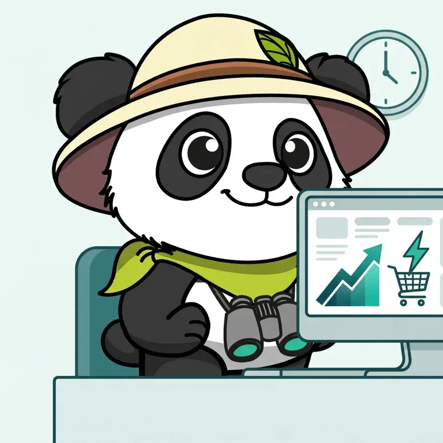 Panda explorateur avec casque au bureau devant horloge et statistiques Google, intérêt du SEA en e-commerce