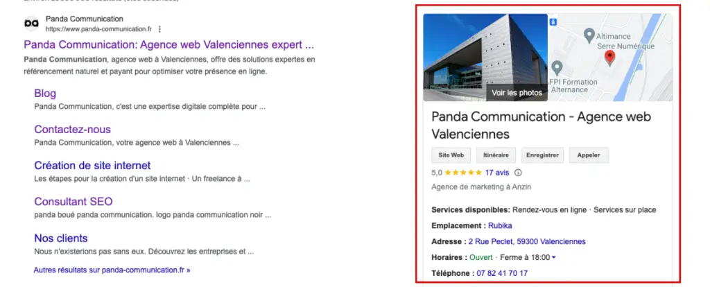 Résultat Google de Panda Communication avec sa fiche d'établissement à Valenciennes, exemple de données Local Business