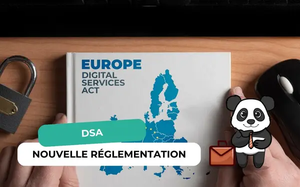 Livre Europe Digital Services Act avec carte de l'UE, cadenas et panda, bannière DSA nouvelle réglementation