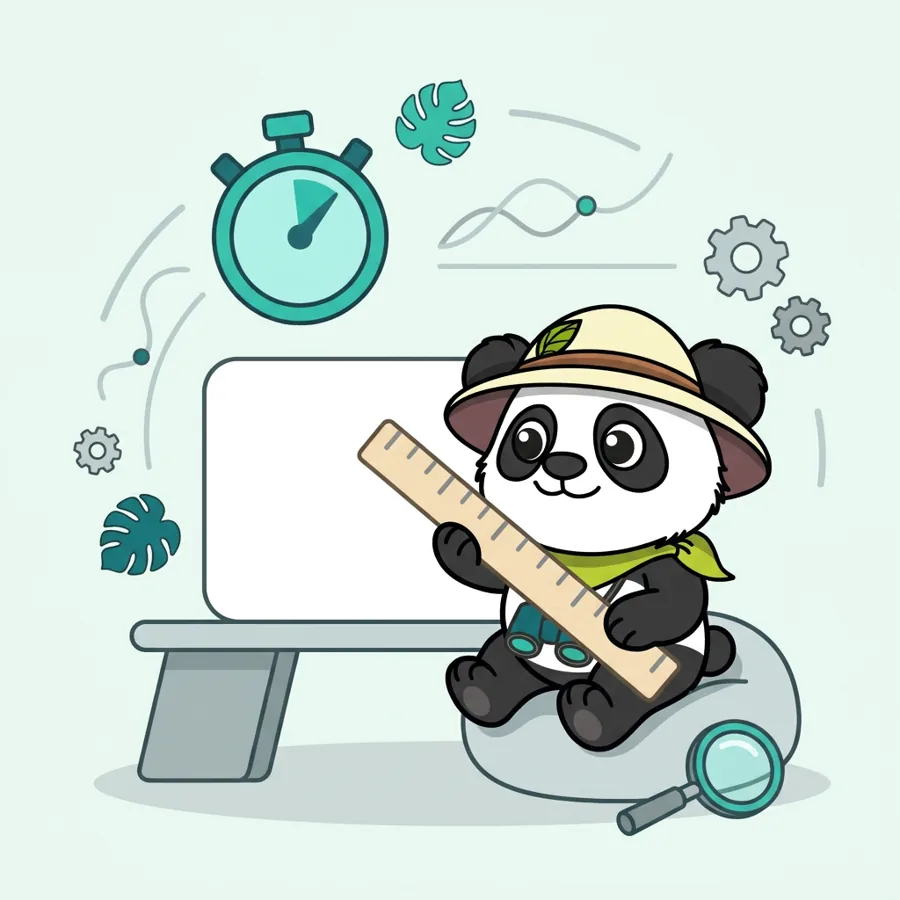 Panda explorateur sur un pouf devant des courbes et une loupe, mesure des performances web des contenus SEA