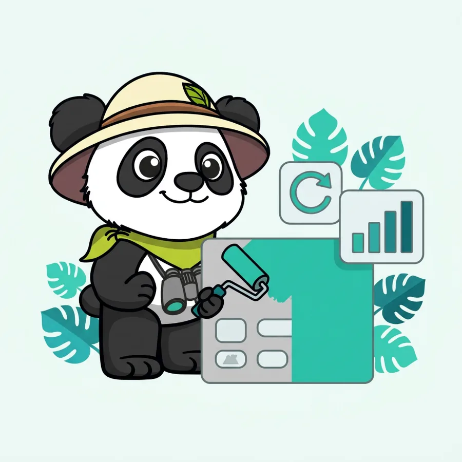 Panda explorateur sur ordinateur devant une barre de recherche SEO et un histogramme, mise à jour de contenus SEO