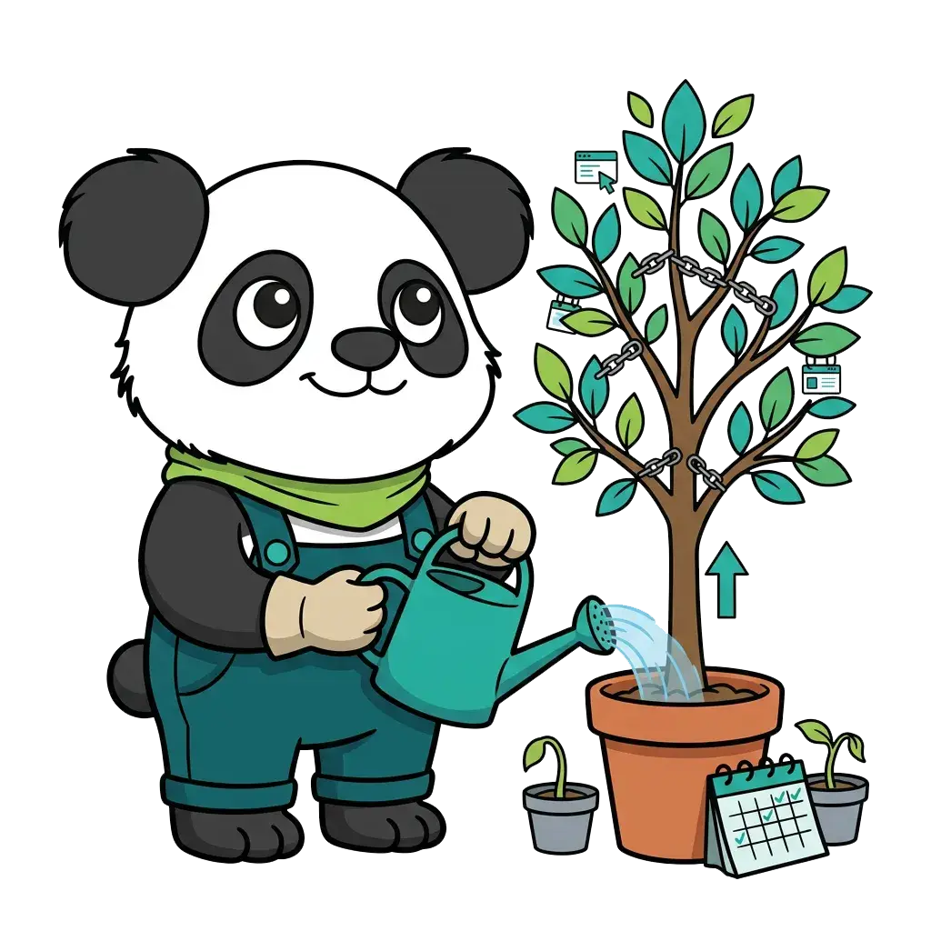 Panda jardinier arrosant un arbre relié par des chaînes, symbole du netlinking et d'une stratégie SEO sur le long terme