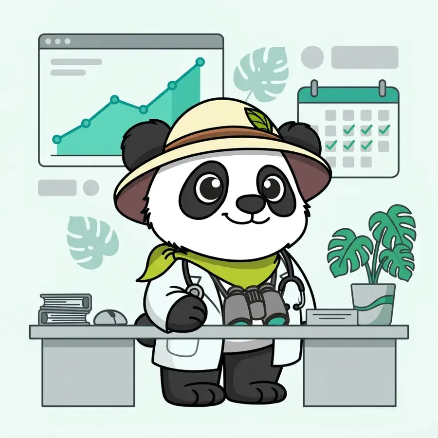 Panda explorateur médecin à son bureau devant une courbe de croissance, optimisation web pour professionnels de santé