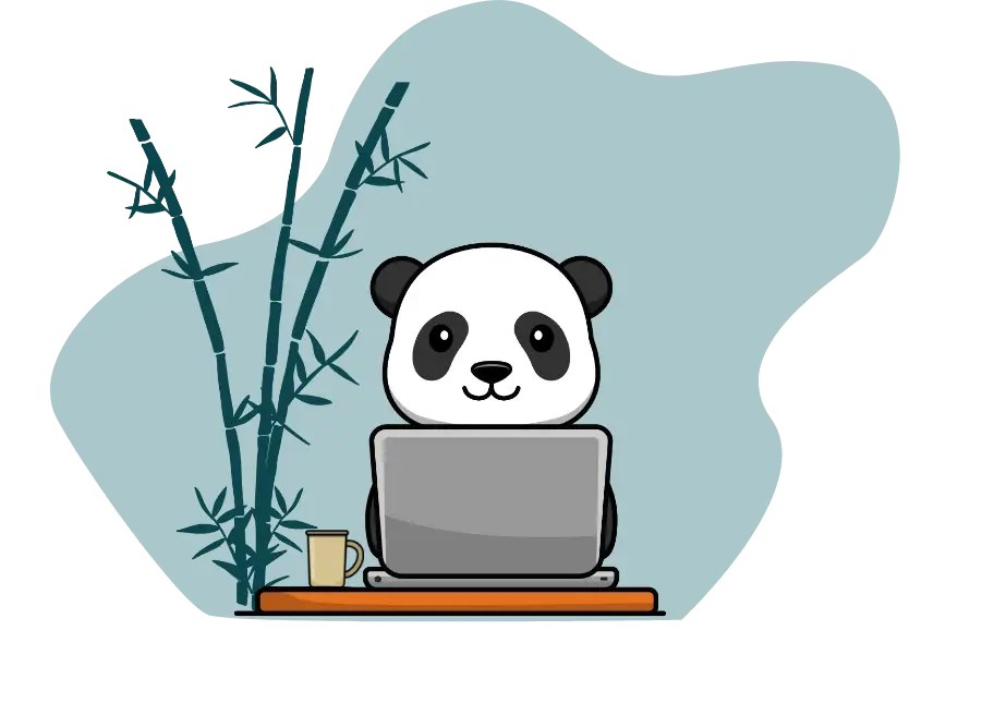 Panda à un bureau devant un ordinateur portable près de bambous, pour optimiser son tunnel de conversion