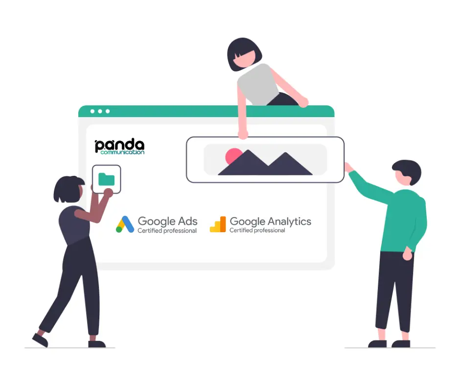 Personnages assemblant une page web Panda Communication certifiée Google Ads et Google Analytics
