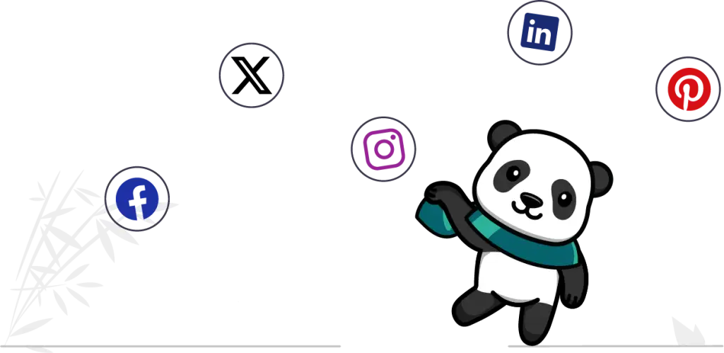 Panda en écharpe jonglant avec les logos Facebook, Instagram, LinkedIn et Pinterest pour diffuser ses articles