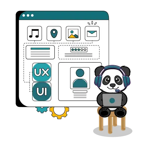 Panda avec casque devant une maquette UX et UI, webdesign et création de site internet