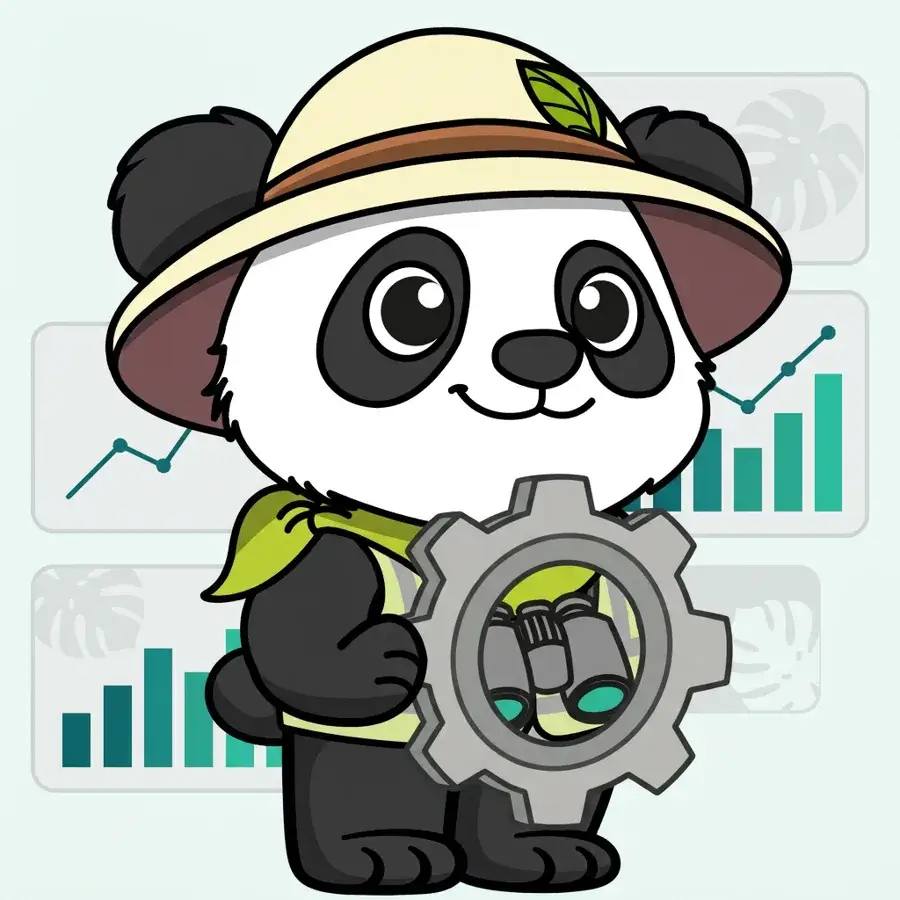 Panda explorateur en casque de chantier avec engrenage devant des graphiques de performance SEO et SEA, Panda en casque de chantier avec engrenage devant des gr