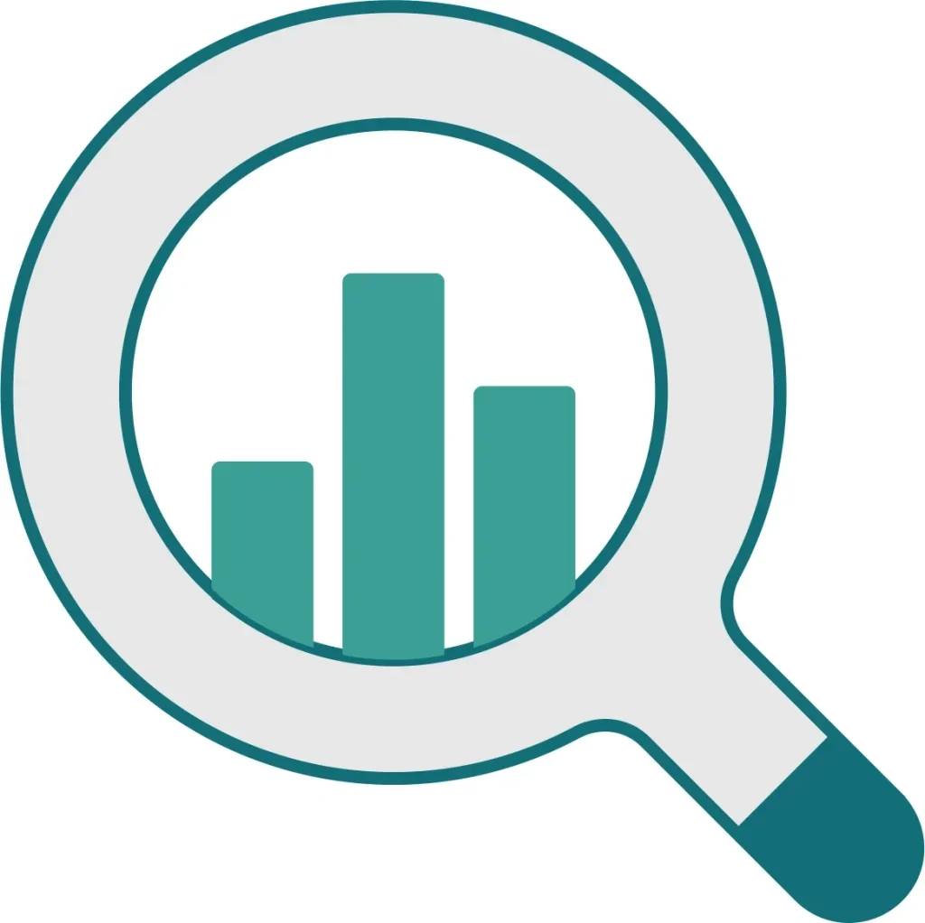 Pictogramme loupe sur histogramme, audit SEO, UX et social média avant la stratégie digitale