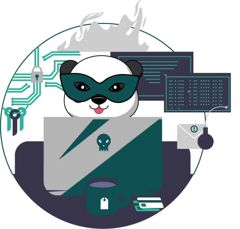 Panda masqué derrière un ordinateur avec cadenas, code et mail piégé, illustrant le piratage d'un blog