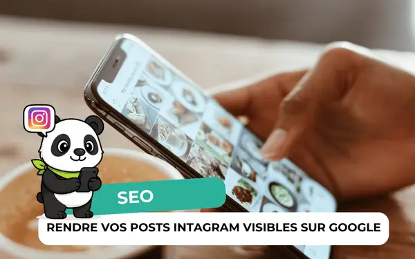 Main faisant défiler un fil Instagram sur smartphone et panda, bannière SEO, rendre vos posts Instagram visibles sur Google