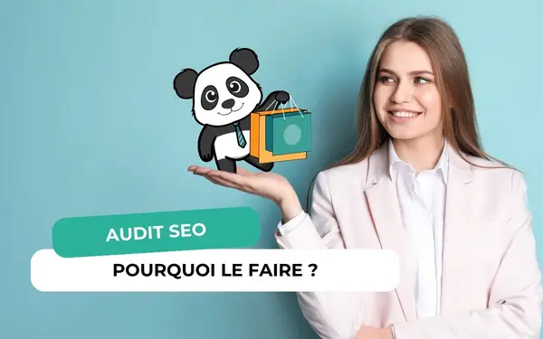 Femme souriante tenant un panda avec des sacs sur sa main, bannière Audit SEO pourquoi le faire
