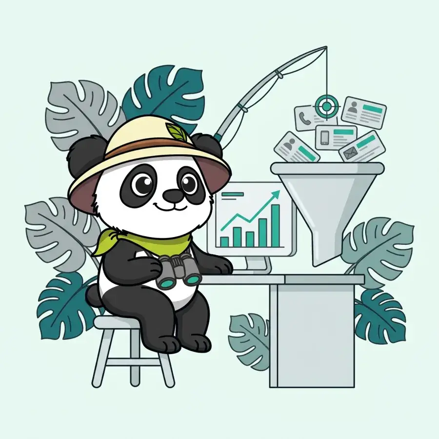 Panda explorateur à son bureau devant un graphique en hausse, prospection efficace grâce à la data