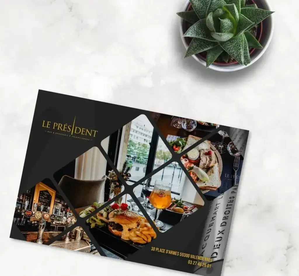 Flyer de la brasserie Le Président avec photos de salle, burger et bière, adresse place d'Armes à Valenciennes