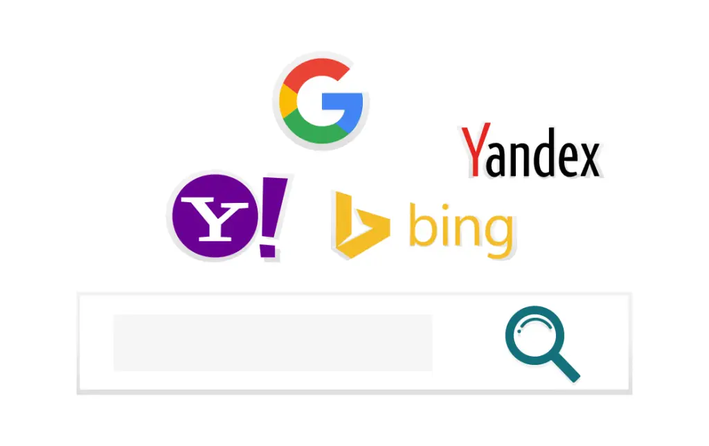 Logos Google, Bing, Yahoo et Yandex au-dessus d'une barre de recherche, pour auditer le SEO on-page et l'indexation